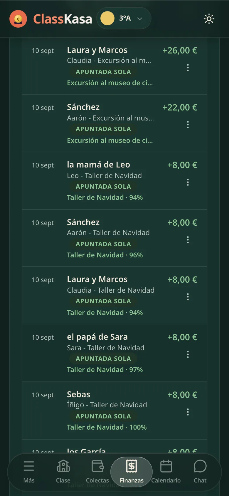Transferencias del banco en ClassKasa: fila tras fila, el apellido de la familia, la etiqueta apuntada sola y el importe