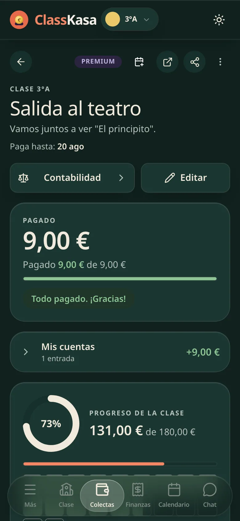 Una colecta de clase para una excursión en ClassKasa: la fecha, cuánto ha pagado esta familia, el progreso de la clase