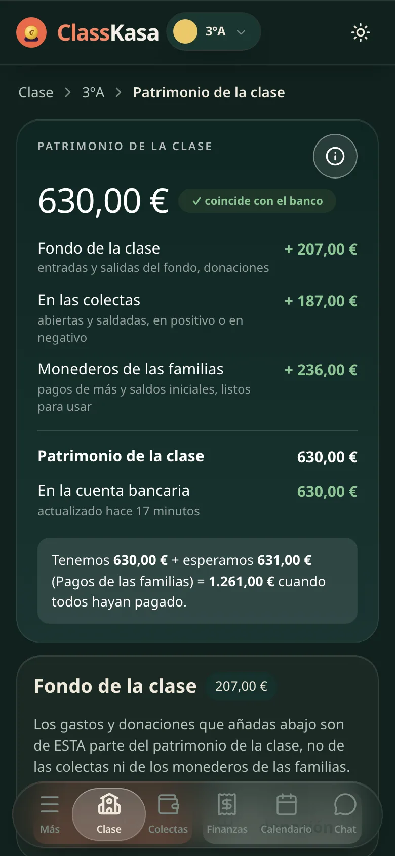El dinero de la clase en ClassKasa: el patrimonio de la clase dividido en fondo, saldos de colectas y carteras de familias, cuadrado con el banco